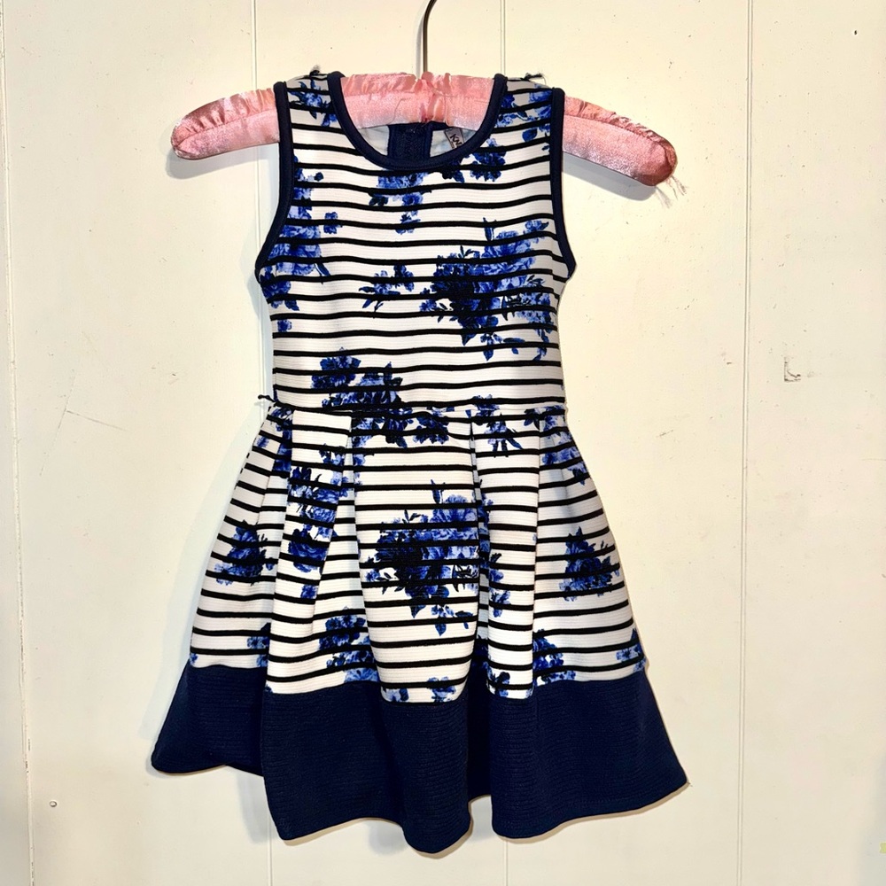 Striped Floral Kids Dress - Blue and Black 5